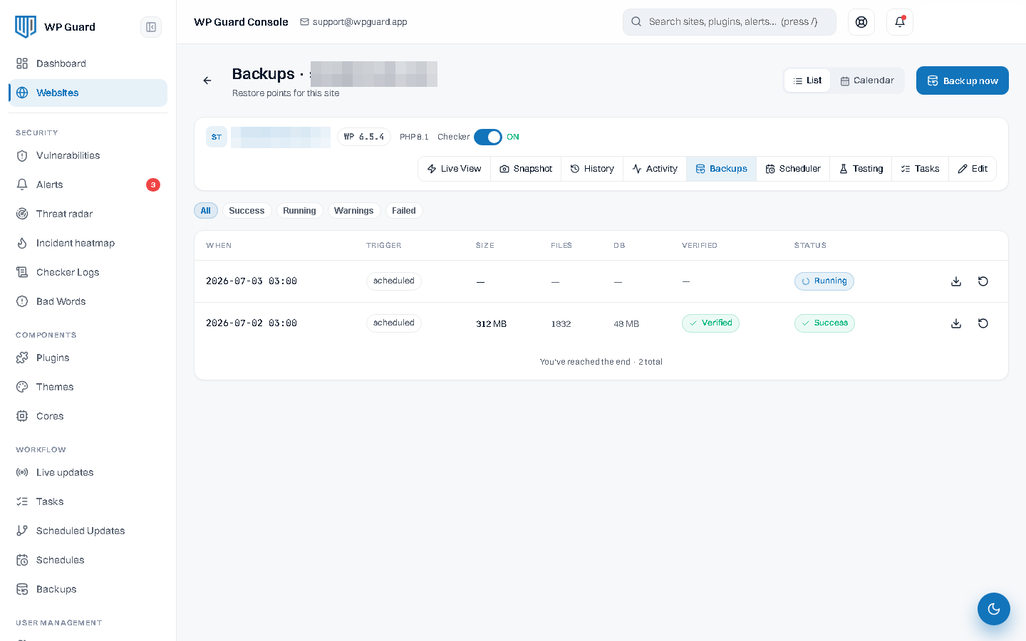 The WP Guard console showing automated backups ready to restore